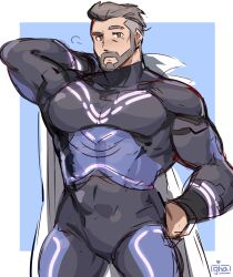 bara beard black_hair coat graysheartart latex latex_suit male male_focus male_only muscular muscular_male pecs pokemon pokemon_sv professor_turo short_hair skin_tight skin_tight_suit white_coat