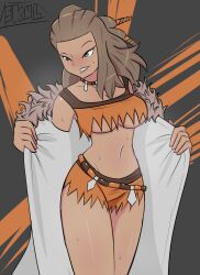 big_breasts breasts brown_eyes brown_hair female_only pokemon pokemon_sv professor_sada_(pokemon) skulkitten thick_thighs thighs