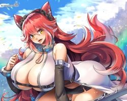 animal_ears belt beltbra blush breasts cleavage cloud cloudy_sky collar detached_sleeves fangs female fenrir_(last_origin) gradient_hair hairband highres huge_breasts last_origin long_hair looking_at_viewer multicolored_hair navel oo_umigarasu red_hair signature sky smile solo tail tongue tongue_out two-tone_hair umigarasu_(kitsune1963) very_long_hair watermark web_address wolf_ears wolf_girl wolf_tail yellow_eyes