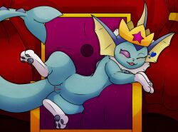 anthro blue_body blush buzzindorf chair digital_media_(artwork) eeveelution female feral furniture genitals heart hi_res looking_at_viewer lying mammal nintendo nude open_mouth pokémon_(species) pokemon pokemon_(species) presenting pussy smile solo spreading throne tongue vapor_(justanormalvaporeon) vaporeon video_games