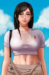 1girls alternate_costume arms_at_sides bangs belly_button black_hair blue_sky blush brown_lips brown_pants choker closed_mouth cloud crop_top day dripping earrings female final_fantasy final_fantasy_vii final_fantasy_vii_remake fully_clothed gud0c highres italian_flag italian_senate_hack jewelry long_hair looking_at_viewer meme midriff navel overalls overalls_down pants red_eyes see-through shiny shiny_clothes shiny_hair shiny_skin shirt short_sleeves single_sidelock sky sky_background smile solo stomach suspenders sweat sweaty swept_bangs taut_clothes taut_shirt tifa_lockhart tight_clothing toned upper_body wet wet_clothes wet_shirt white_shirt