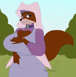 anthro big_breasts big_hips big_tail blush breasts brown_body brown_fur clear_urine cleavage cleavage_overflow clothed clothing day daytime disney dpronin eyelashes female female_only fox fox_girl fox_humanoid fox_tail fur furry furry_only furry_tail hand_on_breasts hi_res hips huge_breasts humanoid large_breasts looking_at_viewer maid_marian necklace no_dialogue no_humans purple_eyes robin_hood_(disney) simple_background sky smile smiling smiling_at_viewer solo tail thick_thighs thighs two_tone_body two_tone_fur watermark