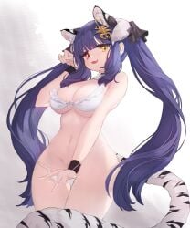 3: :d absurdres animal_ear_fluff animal_ears bangs bikini bikini_pull blue_hair blunt_bangs breasts cleavage clothes_pull commission cowboy_shot eyebrows_visible_through_hair female from_below hair_ornament heterochromia highres horns kuzel_(bonolangje) large_breasts navel oerba_yun_fang original paw_pose pulled_by_self pussy pussy_peek red_eyes ruthenium77's_character second-party_source sidelocks simple_background skin_fang smile solo string_bikini swimsuit tail thigh_gap tiger_ears tiger_tail twintails uncensored underboob white_bikini wristband yellow_eyes