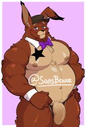 anthro areola barazoku belly biceps big_belly bow_tie brown_body brown_fur burnie_(character) clothing cuffs_(clothing) eyebrows fur genitals hat headgear headwear hi_res humanoid_genitalia humanoid_penis lagomorph leporid male mammal mostly_nude muscular muscular_anthro muscular_male muscular_thighs navel nipples overweight overweight_anthro overweight_male pecs penis pubes purple_eyes quads rabbit seintaur smile solo star_tattoo tan_body tan_fur tattoo thick_thighs thong thong_down underwear vein veiny_penis