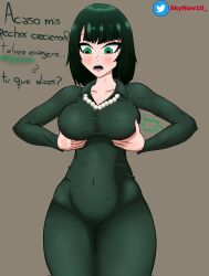 1girls big_breasts blush blushing breast_grab breasts clothed clothing curvaceous curvy_female curvy_figure dress female female_focus female_only front_view fubuki_(one-punch_man) green_eyes green_hair hips legs light-skinned_female light_skin lips lipstick medium_hair midriff mouth_open necklace one-punch_man pink_lipstick short_hair skynow10 solo solo_female solo_focus thick_legs thick_thighs thighs tight_clothing voluptuous wide_hips