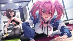 2girls ass ass_focus azur_lane baltimore_(azur_lane) bare_back big_ass big_breasts bremerton_(azur_lane) brown_hair cleavage exercise fat_ass fukai_ryosuke gym heavy_breathing huge_ass huge_breasts jacket large_ass large_breasts looking_at_viewer low-angle_view lowres mole mole_on_breast multiple_girls official_art pink_eyes pink_hair seductive sexually_suggestive splits sport sports_bra sportswear spread_legs steam steaming_body stretching thick_ass thick_thighs two_tone_hair visible_breath workout workout_clothes yellow_eyes