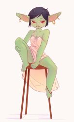 anklet bare_shoulders big_ears blenafee_(keroro623) camisole clothing dress ear_piercing evening_dress femboy furniture girly goblin goblin_femboy hi_res humanoid jewelry male piercing solo stool unknown_artist