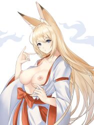 animal_ear_fluff animal_ears blonde_hair blue_eyes bow breasts breasts_out collarbone commentary_request female female fox_ears fox_girl fox_shadow_puppet hand_up highres japanese_clothes kimono long_hair looking_at_viewer medium_breasts nipples nyatokanyaru puckered_lips red_bow red_sash sash solo tenko_kuugen upper_body very_long_hair wagaya_no_oinari-sama white_kimono