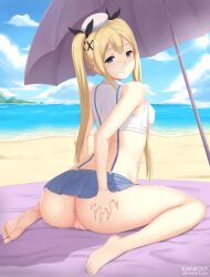 1girls anus ass ass_grab beach blonde_hair blue_nails bottomless dead_or_alive dead_or_alive_5 female hair_ornament kainkout long_hair marie_rose nail_polish no_panties outdoors pussy sitting skirt solo summer twintails wariza water x_hair_ornament