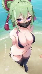 beach bikini blush breasts cleavage female genshin_impact green_hair kuki_shinobu large_breasts looking_at_viewer mask ninja ponytail purple_eyes side-tie_bikini text thighhighs translation_request wide_hips xlyami