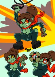 1girls action agent angry angry_face belly_button big_breasts black_bodysuit boots brown_hair explosion eyelashes fangs goblin goblin_female grappling_hook green_skin hourglass_figure laser_gun looking_at_viewer mole_on_breast open_bodysuit original_character pointy_ears red_eyes red_scarf scarf skintight skintight_bodysuit solo solo_female solo_focus spy spy_camera thick_thighs tied_hair torn_bodysuit voluptuous xierra099 yellow_iris