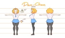 ! ahoge back_view big_breasts blonde_hair blue_tie character_sheet clothed danchan danger_sign multiple_views pantyhose skirt smiling solo solo_focus t-pose thin_waist venky white_shirt white_skin wide_hips yellow_eyes