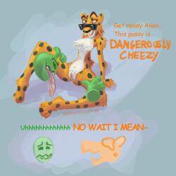 anon anthro bodily_fluids cheetah cheetos chester_cheetah cunnilingus disembodied_hand disembodied_head duo felid feline female hi_res humor male male/female mammal mascot oral presenting rule_63 saliva sex skellockosaur sunglasses vaginal_penetration