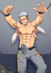 1boy abs absurdres against_wall armpit_hair armpits artist_name bara belt biceps blush bulge closed_eyes erection erection_under_clothes feathers feet_out_of_frame fiooi grey_hair gyee hairy highres large_pectorals male_focus male_only manly miles_(gyee) muscular muscular_male nipples no_shirt pants pectorals precum saliva saliva_trail shirt signature solo steam steaming_body teeth thick_arms thick_eyebrows tickling torn_clothes undercut wall wet wet_clothes wet_shirt wrist_cuffs