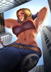 1girls armpits arms_up big_breasts blonde_hair blue_eyes blue_mary breasts buildings fatal_fury female female_only from_below giantess king_of_fighters kkasi00 looking_down navel skyscraper snk solo sweat sweatdrop white_female