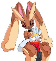 2019 ambiguous_gender between_legs bigger_female black_sclera blush breasts brown_body bunny_ears bunny_girl collar embarrassed generation_4_pokemon generation_8_pokemon grey_body grey_fur half-closed_eyes horizon-fucker looking_at_partner lopunny no_nipples pink_eyes pokémon_(species) pokemon pokemon_(species) pokemon_dppt pokemon_ss raboot red_eyes simple_background small_breasts sweat yellow_fur