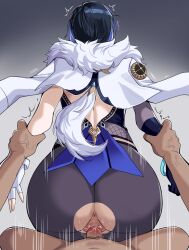 1boy 1girls anus asian_female asian_male ass big_ass big_butt blue_hair bubble_ass bubble_butt butt coat dat_ass drogod_(artist) fat_ass female fingerless_gloves from_behind genshin_impact gloves hi_res highres large_ass male pantyhose sex thick thick_ass uncensored vaginal_penetration voluptuous wide_hips yelan_(genshin_impact)