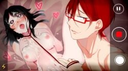 after_sex ahe_gao asian ayano_aishi big_breasts black_eyes black_hair collar couple cum cum_inside cum_on_breasts cum_on_face glasses heart-shaped_pupils info-kun japanese koumi-senpai leash looking_pleasured orgasm recording red_eyes red_hair rule_63 sex smug smug_face teenage_couple teenager yandere_simulator