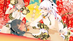 2022 3d bikini breasts danganronpa danganronpa_2:_goodbye_despair embarrassed genderswap_(mtf) hinata_hajime jedash01 koikatsu large_breasts nagito_komaeda nanami_chiaki rule_63 straight_hair tiger_girl tiger_gloves tiger_print