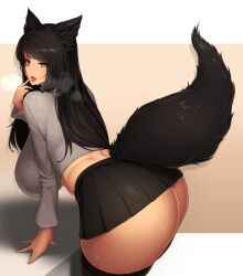 16.6_(artist) animal_ear_fluff animal_ears ass black_hair black_legwear black_skirt breasts brown_eyes commission female fox_ears fox_girl fox_tail from_side grey_shirt hand_on_table highres large_breasts long_hair makino_momiji_(artist) open_mouth original pixiv_request shirt skirt solo sweat tail thighhighs thunder_thighs tongue tongue_out xyv_1