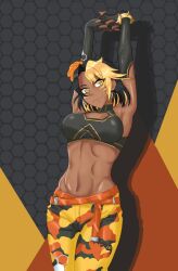 armpits arms_up avispa_nectarinia breasts crop_top dark-skinned_female dark_skin earrings female female_only icesticker latina legwear short_hair smiling solo two_tone_hair virtual_youtuber yellow_eyes