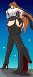 ass big_breasts blue_eyes brown_hair cat_ears cat_tail city destruction giantess high_heels highres long_hair looking_down rollingbread short_skirt walking