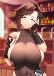 1girls adorable animated blush bouncing_breasts breasts brown_hair bursting_breasts choker closed_eyes clothed collar cookie crumbs cute eating fingerless_gloves hand_on_face happy huge_breasts leotard lulewd_chan lulu-chan92 mp4 navel no_bra no_sound ruby_rose rwby segal03 skindentation video