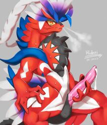 anthro bodily_fluids cum cum_on_penis erection genital_fluids genitals hi_res hidoritoyama koraidon legendary_pokémon male male_only nintendo nude penis pokémon_(species) pokemon pokemon_sv solo sweat video_games