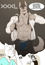 abs anthro biceps black_body black_fur blood blue_eyes blush bodily_fluids canid canine canis clothed clothing digital_media_(artwork) domestic_cat duo english_text felid feline felis fur grey_body grey_fur hair hi_res male male/male mammal nosebleed oleola123 partially_clothed red_eyes simple_background smile text tongue undressing white_body white_fur wolf wolf_butler wolf_butler_and_his_cat_master young_master