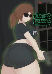 big_ass big_breasts cuckold_simulator curvaceous curvy fed-chan_(cuckold_simulator) federal_agent gun lewddoodler shorts sunglasses thick_thighs tight_clothing tight_shorts tyrone_vs_cops wide_hips