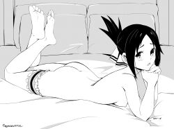 ass bangs bed_sheet breasts completely_nude crossed_ankles feet feet_up female female folded_ponytail forehead hair_ribbon high_contrast highres kaguya-sama_wa_kokurasetai_~tensai-tachi_no_renai_zunousen~ leg_garter legs_up looking_at_viewer lying monochrome nipples nude on_bed on_stomach parted_bangs pillow ribbon shinomiya_kaguya small_breasts soles solo squeezable the_pose toes