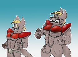 anthro balls blonde_hair bodily_fluids brute canid canine canis cenies clothing football_gear football_uniform genitals growth hair hi_res humanoid jock jockstrap male mammal muscle_growth muscular musk sequence solo sweat sweaty_balls sweaty_genitalia underwear wolf