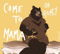 anthro bodily_fluids chubby_female dialogue female food hi_res honey_(food) lactating lactating_honey lettuceoncat mammal solo ursid