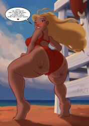 1girls blonde_hair dark-skinned_female dark_skin english_text female human lifeguard_(lilo_and_stitch) lilo_and_stitch planz34 smooth_skin spank_marks speech_bubble swimsuit swimwear tan-skinned_female