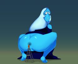 1girls anus blue_diamond_(steven_universe) blue_eyes blue_hair blue_skin crouching ddm004 diamond_authority dress dress_lift exposed_ass gem_(species) giantess human long_hair oddrich pussy steven_universe thick_thighs wide_hips