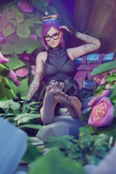 3d anthonys080805 blender brown_eyes feet female female_only foot_focus fortnite glasses gloves legs legs_crossed looking_at_viewer looking_down_at_viewer lynx_(fortnite) nature purple_hair pussy smiling_at_viewer smirk smirking soles solo thighs toes