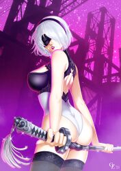 1girls ass backless_leotard backless_outfit black_blindfold black_hairband black_stockings blindfold breasts female female_only hair_ornament hairband hisuichan86 holding_katana holding_weapon katana leotard light-skinned_female light_skin lipstick mole_under_mouth nier nier:_automata night_sky purple_background short_hair solo standing stockings sword thighs thong_leotard weapon white_hair white_thong_leotard yorha_2b