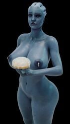 1girls 3d alien alien_girl asari blue_skin breasts donut feizaisfm female female_only lactating lactation liara_t'soni looking_at_viewer mass_effect milk nude solo