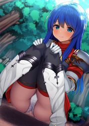 1girls absurdres armor ass backlighting bangs bare_thighs black_legwear blue_eyes blue_hair blue_sky blush boots breastplate bush caeda_(fire_emblem) cameltoe closed_mouth cloud commentary_request day dress dutch_angle elbow_gloves embarrassed female female_only fire_emblem fire_emblem:_mystery_of_the_emblem fire_emblem:_shadow_dragon_and_the_blade_of_light forest from_below gloves hands_on_own_knees have_to_pee highres knee_boots knees_together_feet_apart large_ass long_hair looking_down natsuki_shuri nature nintendo outdoors panties pantyshot peeing pegasus red_dress shiny shiny_hair short_dress short_sleeves shoulder_armor sidelocks sky solo squatting textless_version thighhighs thighs tree underwear upskirt urine white_footwear white_gloves white_panties