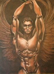 1boy abs angel angel_wings armpit armpits arms_up blonde blonde_hair christianity covered_penis crotch_covered crying defeated_male devil fallen_angel gay legs legs_apart long_hair long_hair_male looking_at_viewer looking_back lucifer male male_only mythology naked naked_male navel nipples nude nude_male painting painting_(artwork) peacock peacock_feather peacock_feathers petals pov pubes pubes_exposed religion religious satan solo yellow_eyes