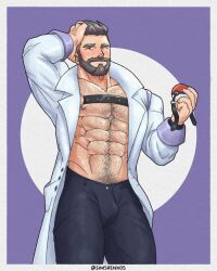 1boy bara bulge hairy harness male male_only muscles muscular muscular_male open_coat pokeball pokemon pokemon_sv professor_turo simshenko