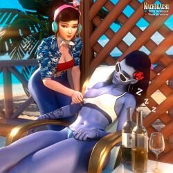 2girls 3d assisted_exposure beach bikini blizzard_entertainment breasts_out brown_hair cruiser_d.va d.va earrings exposed_breast female female_only hoop_earrings kachigachi one_breast_out overwatch prank purple_hair purple_skin sleep_molestation sleeping sunglasses swimsuit tagme widowmaker yuri