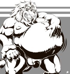 anthro balls belly big_belly disney eggo21 felid genitals hand_on_stomach hi_res leodore_lionheart lion male male_only mammal muscular muscular_male open_mouth overweight pantherine penis pubes solo strongfat tongue zootopia