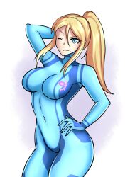 1girls big_breasts blonde_hair bodysuit breasts clothed clothes clothing female female_only fully_clothed hayato_stuff large_breasts metroid nintendo one_eye_closed samus_aran solo solo_female zero_suit zero_suit_samus