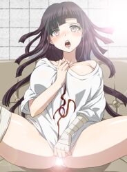 breasts censored cleavage covering covering_crotch danganronpa danganronpa_2:_goodbye_despair dosugon large_breasts naked_shirt shirt straight_hair tsumiki_mikan