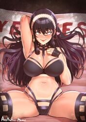 1girls aestheticc-meme armpits assassin bed big_breasts bikini black_hair blush breasts cleavage female female_only heart looking_at_viewer lying lying_on_back lying_on_bed navel one_arm_up presenting red_eyes smile solo solo_female spread_legs spy_x_family sweat tagme thick_thighs thorn_princess voluptuous wedding_ring wide_hips yes-no_pillow yor_briar yor_forger