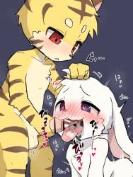 bunny_boy bush cum_in_mouth dominant dominant_male domination facial furry furry_only head_grab heart heart-shaped_pupils interspecies interspecies_domination male male_only purple_eyes rabbit rabbit_boy red_eyes submissive submissive_male tiger tiger_boy tiger_stripes yaoi zaramecatnyar