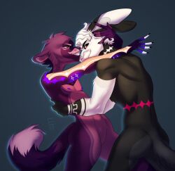 anthro ash_louren ass black_body black_claws black_fur black_sclera canid canine claws digital_media_(artwork) dipstick_tail duo embrace eye_contact fangs featureless_crotch fluffy fluffy_tail fur fur_markings gradient_background hair hare hi_res jack_(noirenambu) lagomorph leporid long_ears looking_at_another male male/male mammal markings multicolored_body multicolored_fur nipples nude pink_body pink_fur pink_markings purple_body purple_fur purple_nipples red_eyes signature simple_background smile snout solo tail_markings white_body white_eyes white_fur white_hair white_markings yaoi