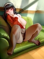 assassin assisted_exposure big_breasts black_hair blush blushing bubble_ass bubble_butt clothed curvy erect_nipples feet foot_fetish greek_toe kairuhentai kairunoburogu large_breasts legs legs_apart legwear long_hair looking_at_viewer nipples on_sofa pantyhose partially_nude red_eyes showing showing_breasts sideboob smile smiling spy_x_family thick_thighs thorn_princess toes_spread yor_briar yor_forger