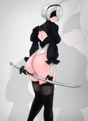 ass big_ass black_blindfold blindfold breasts female female_only light-skinned_female light_skin looking_at_viewer lordmagnuss nier nier:_automata short_hair solo thighhighs thighs voluptuous white_hair yorha_2b